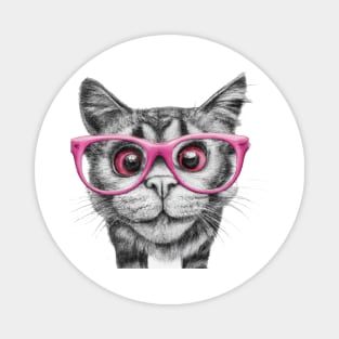 pencil black and white drawing of curious cat wearing light pink colored glasses art Magnet